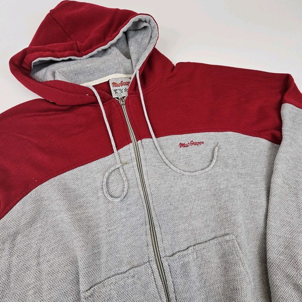 Vintage 80s MacGregor Hoodie Mens M Gray Red Full Zip Athletic Sweatshirt